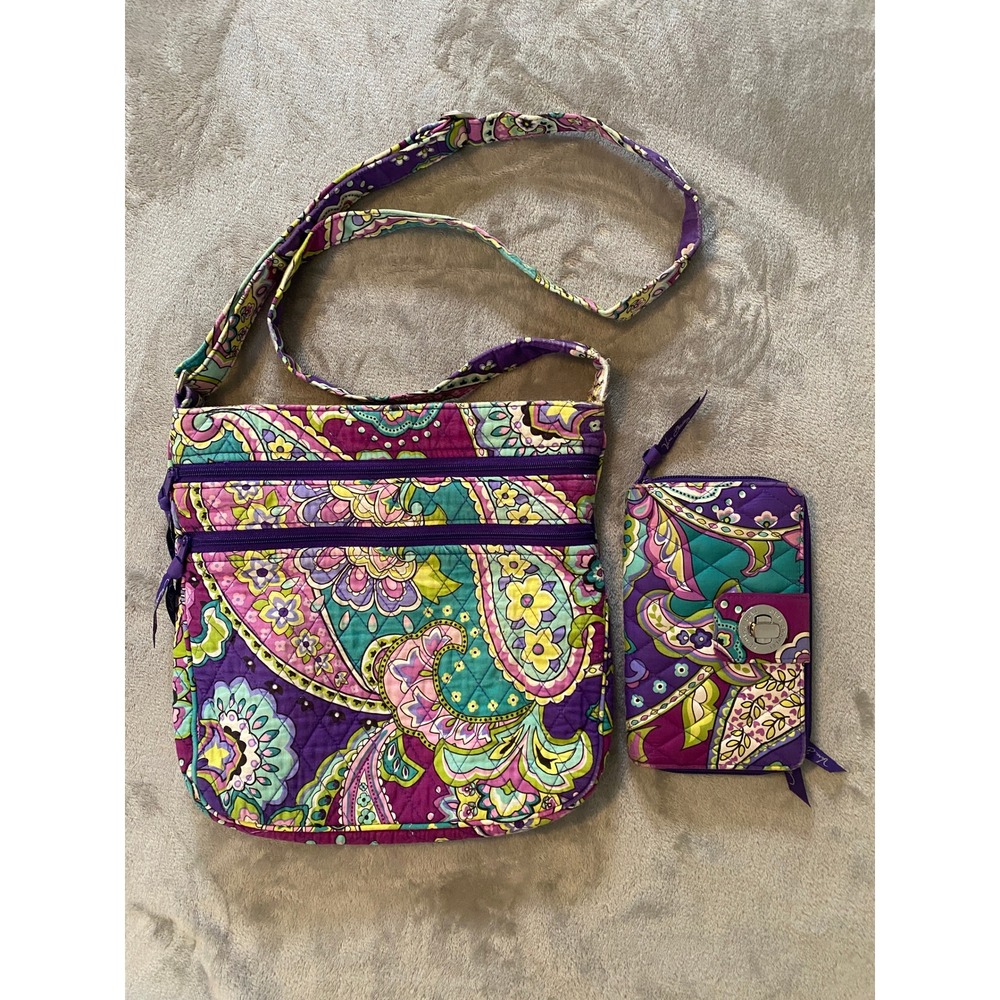 Vera Bradley Crossbody Bag Wallet Set Purple Paisley Quilted Floral Colorful